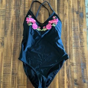 Xhilaration  Black Embroidered Swimsuit L